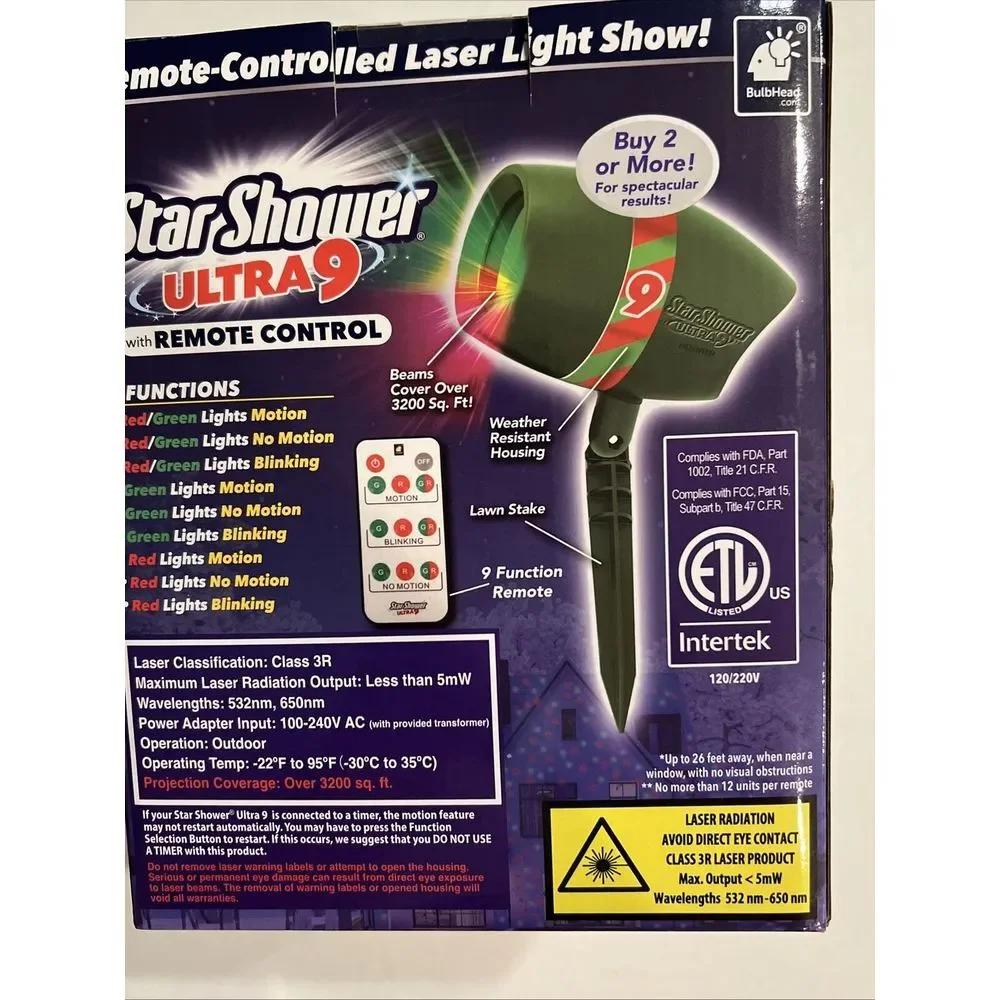 Star Shower Ultra 9 Christmas Laser Projector Red Green W/ Remote Light Show NEW
